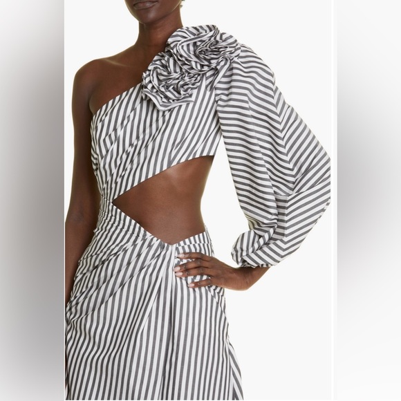 NWT Carolina Herrera Striped Rosette One-Shoulder Cutout Midi Dress - Picture 7 of 14